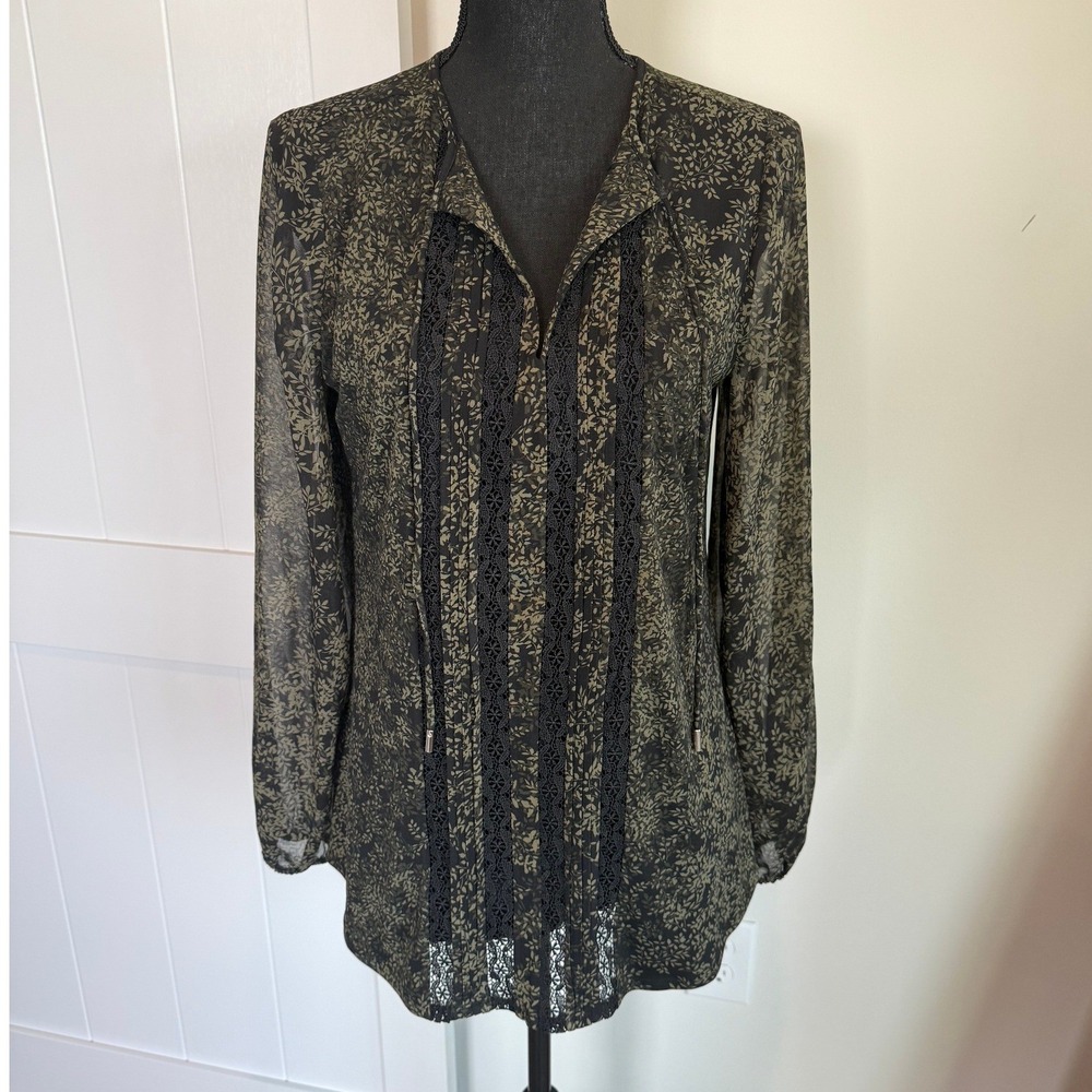 White House Black Market Floral Lace Trim Mesh Sleeve Tunic Blouse Green Small